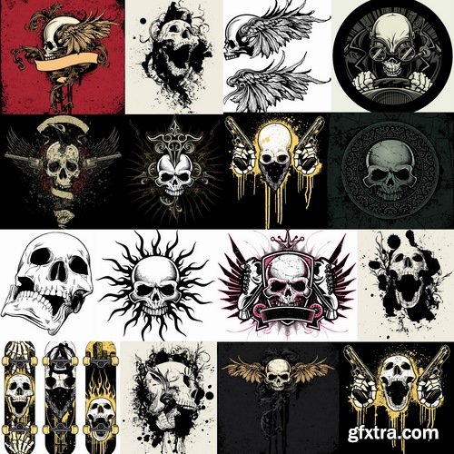 Collection of vector image printing on a T-shirt skull with wings 25 Eps