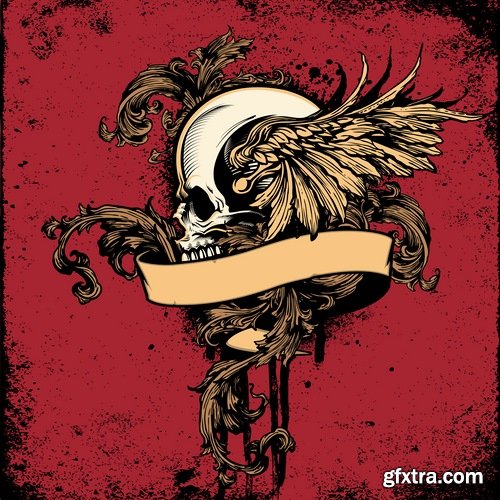 Collection of vector image printing on a T-shirt skull with wings 25 Eps