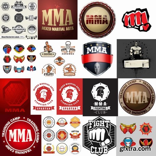 Vector image Collection of fight without rules octagon cage fighter sticker MMA 25 Eps