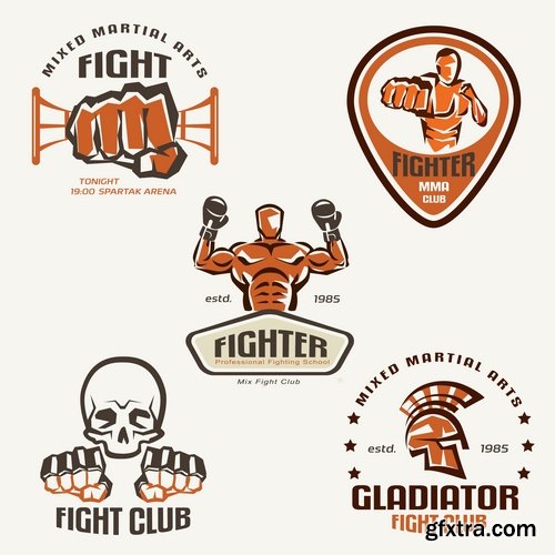 Vector image Collection of fight without rules octagon cage fighter sticker MMA 25 Eps