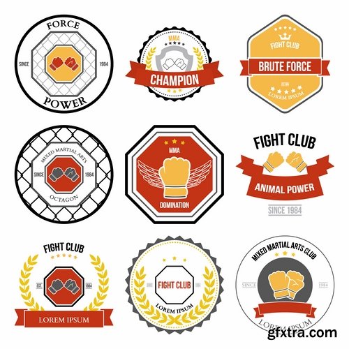 Vector image Collection of fight without rules octagon cage fighter sticker MMA 25 Eps