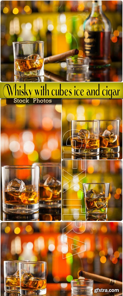 Whisky with cubes of ice and cigar