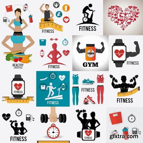 Collection of vector illustration picture infographics fitness poster sticker sport 25 Eps