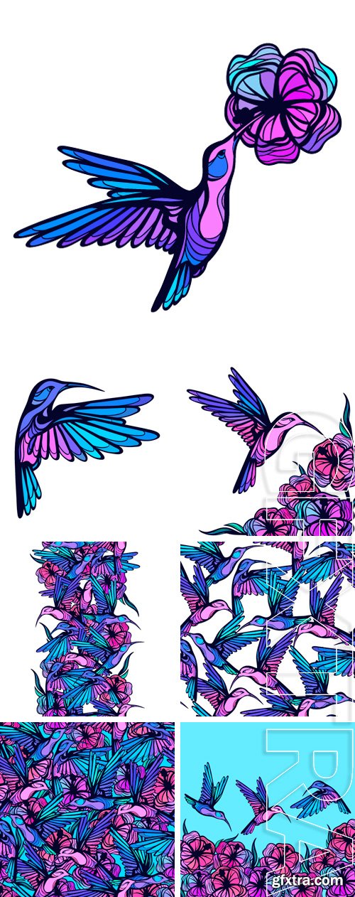 Stock Vectors - Flying tropical colorful hummingbirds with flowers seamless pattern