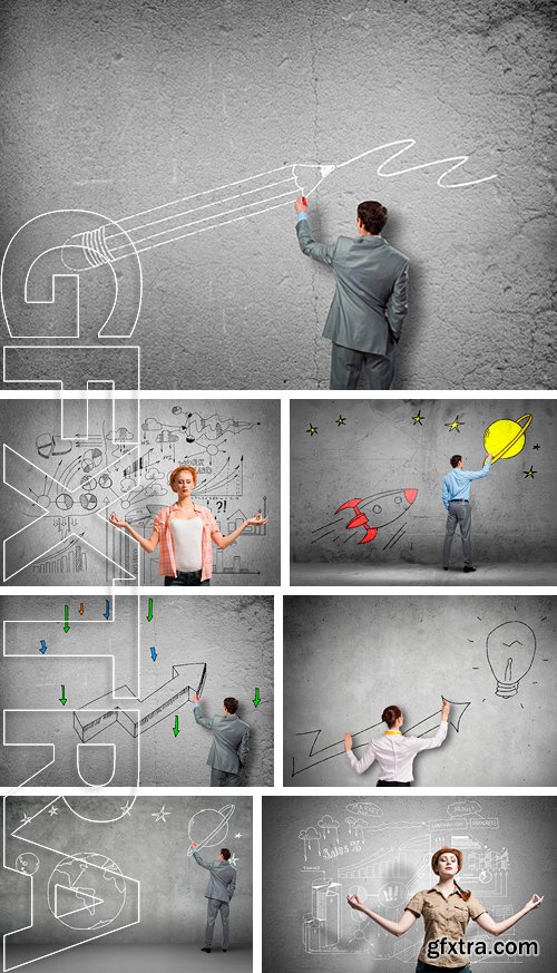 Stock Photos - Businessman drawing sketches on wall