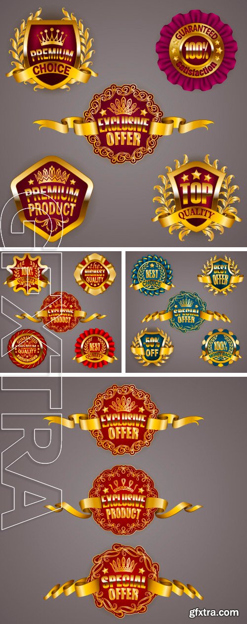 Stock Vectors - Set of luxury gold badges with crown, ribbon.  Promotion emblems, icons, labels, medal, blazons for web, page design. Illustration