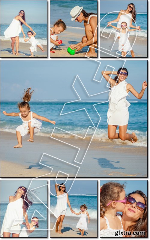 Mother and daughter playing on the beach at the day time. Concept of friendly family - Stock photo