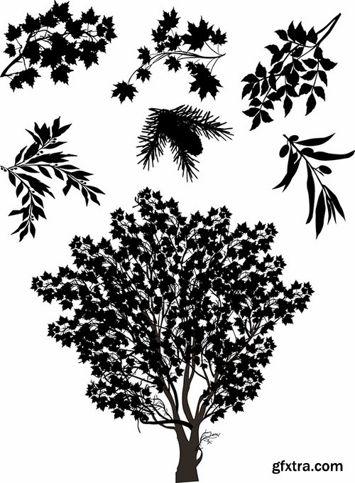 Collection of different vector picture tree root silhouette spruce bamboo 25 Eps