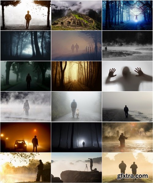 Collection of concept illustration of a man in a fog forest haze morning city 25 HQ Jpeg