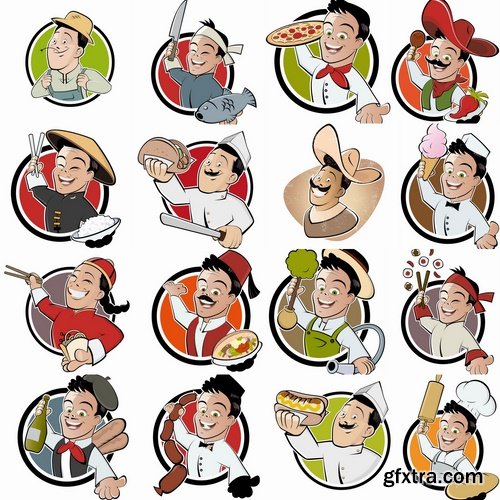 Collection of vector picture cartoon character chef cooking 25 Eps