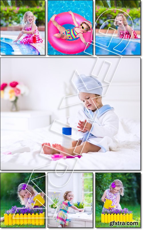 Beautiful little girl, cute toddler with curly hair wearing red summer dress - Stock photo