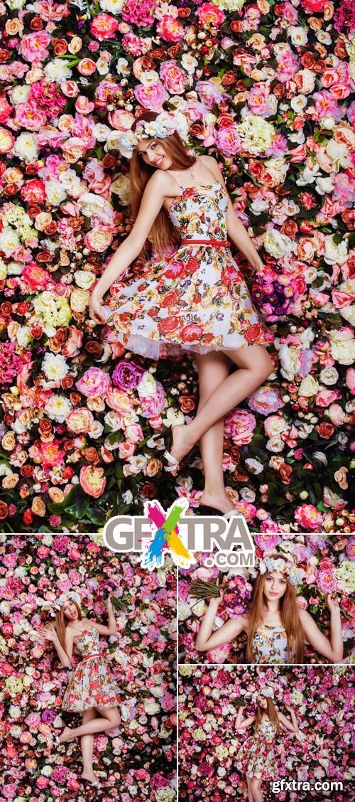 Stock Photo - Woman near Floral Wall