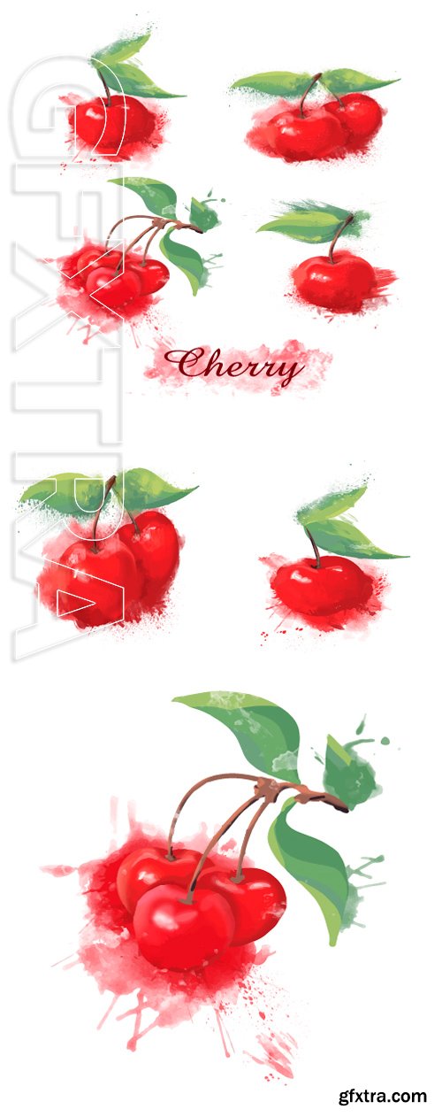 Stock Vectors - Cherry set vector illustration. grunge. watercolor. spray. spots. bright fruit. red. dessert