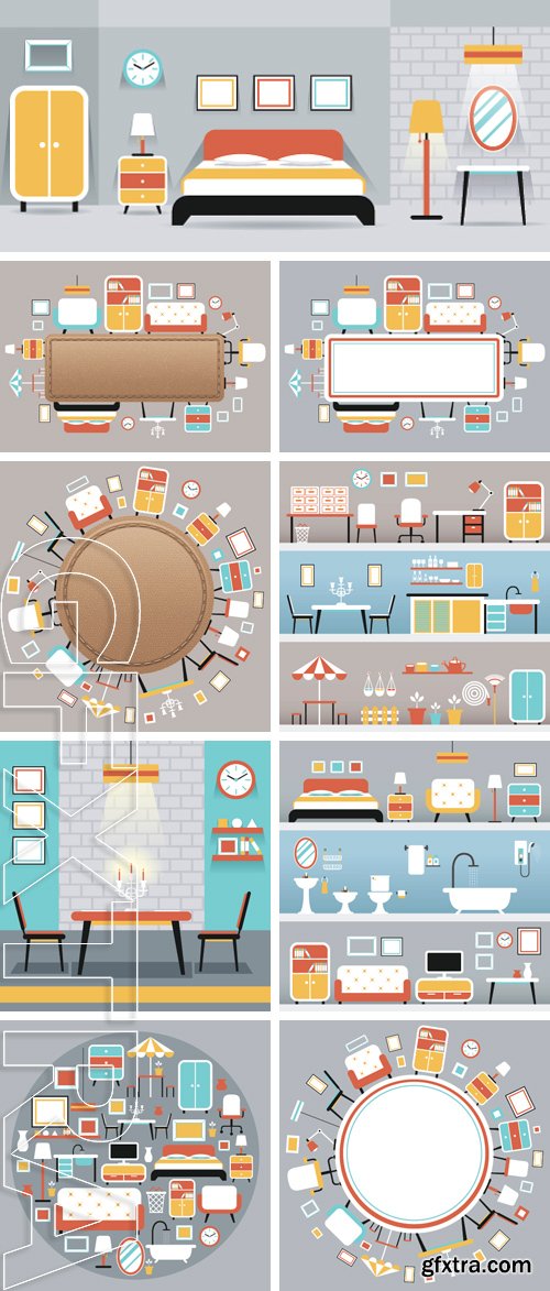 Stock Vectors - Furniture Flat Icons Frame , Household, Home Interior Objects