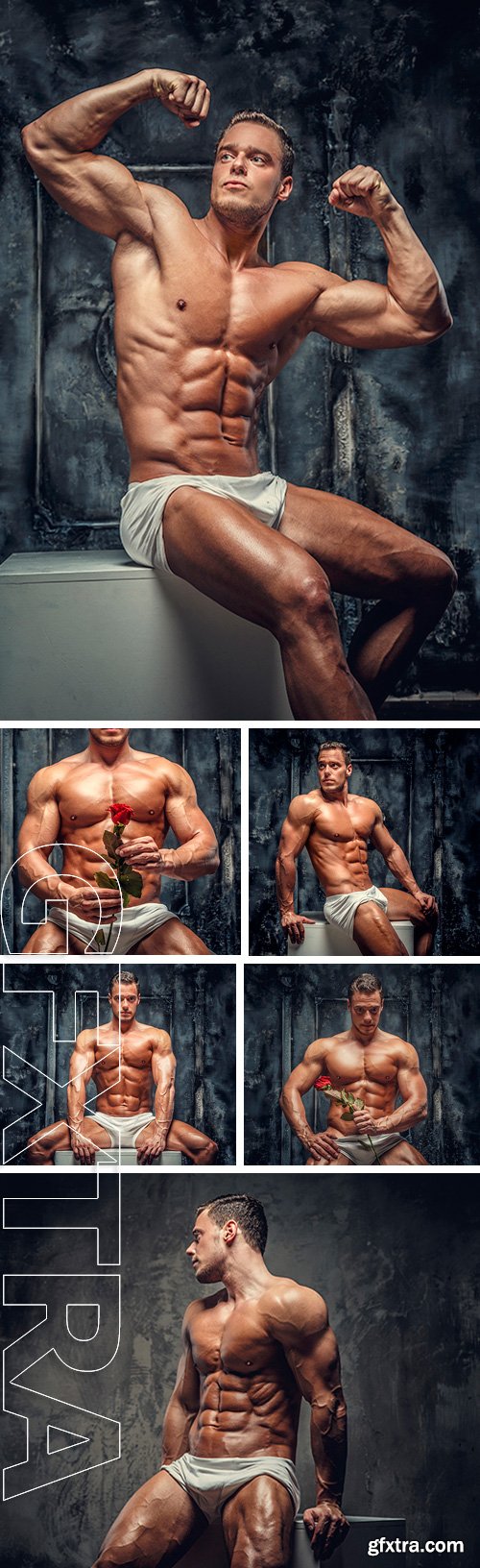 Stock Photos - Awesome young bodybuilder in white panties sitting on white podium in the studio