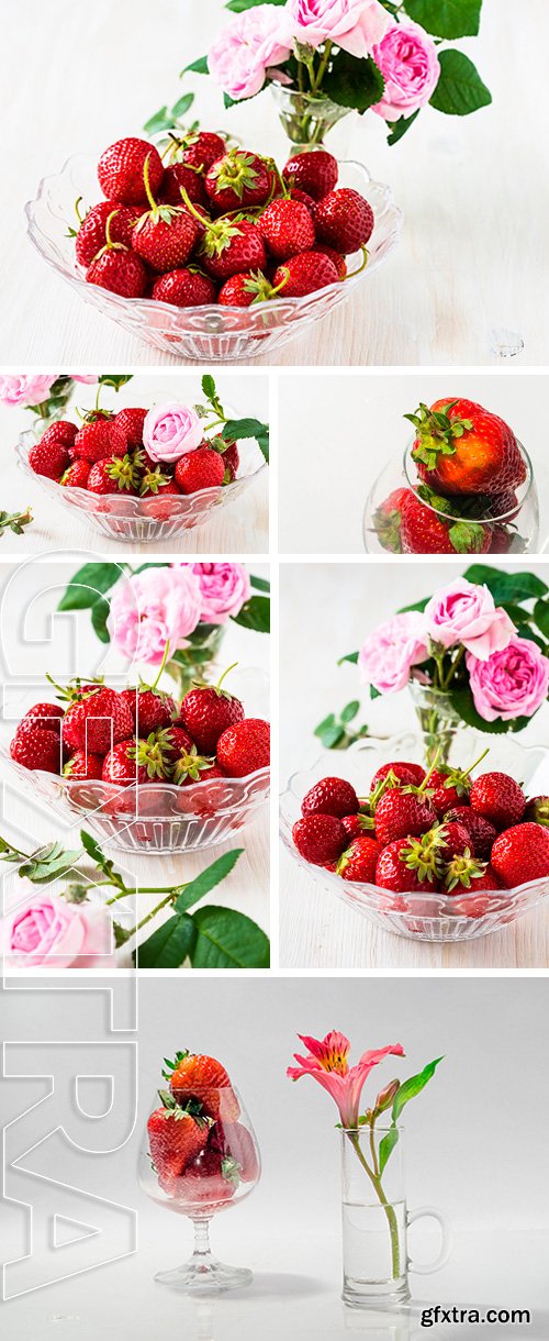 Stock Photos - Bunch of ripe strawberry in a glass bowl on white table