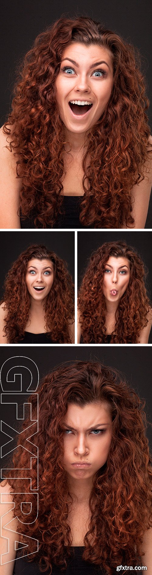 Stock Photos - Emotional portrait of woman with healthy brown curly hair isolated over dark grey background