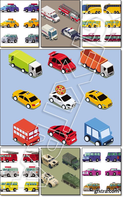 Flat 3d isometric transport icon set. Sport scar, car hatchback taxi cab car - Vector