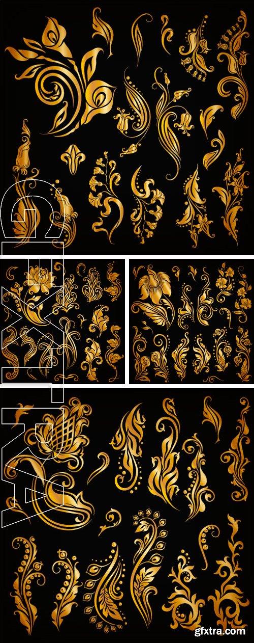 Stock Vectors - Set of decorative hand-drawn calligraphic elements, gold floral pattern for page. Elegant retro collection on black background. Vector illustration