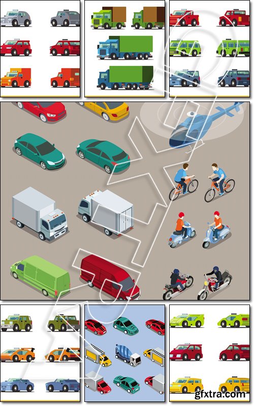 Flat 3d isometric differents transports icon set. Build your own world web infographic collection - Vector