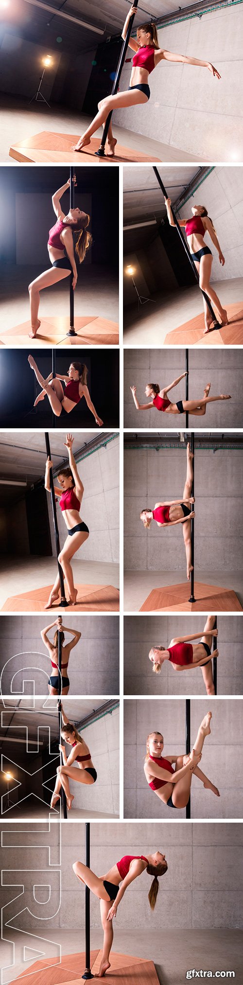 Stock Photos - Beautiful woman performing pole dance. Shot with industrial concrete background