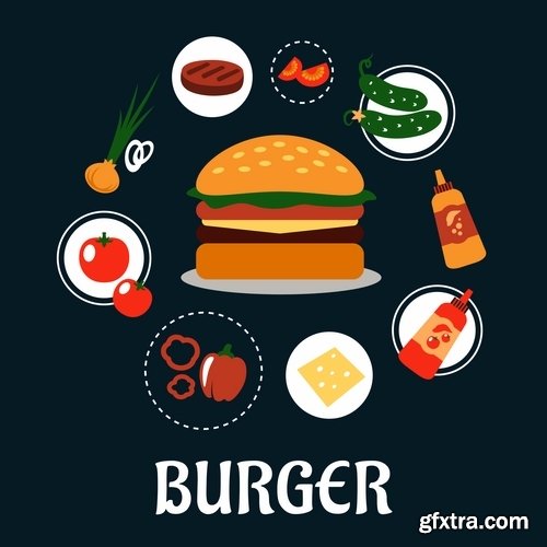 Collection of vector pictures of different food barbecue meat hamburger salad 25 Eps