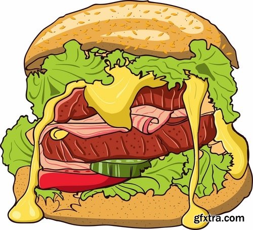 Collection of vector pictures of different food barbecue meat hamburger salad 25 Eps