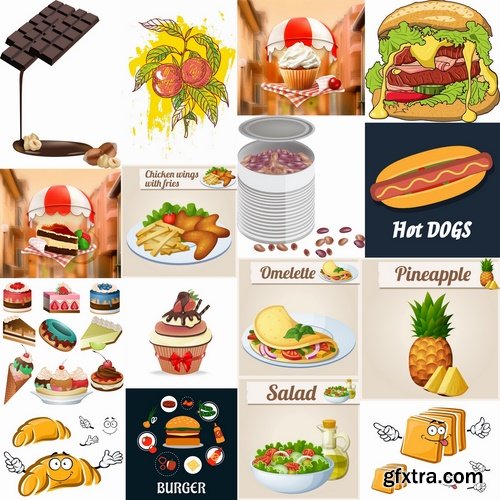 Collection of vector pictures of different food barbecue meat hamburger salad 25 Eps