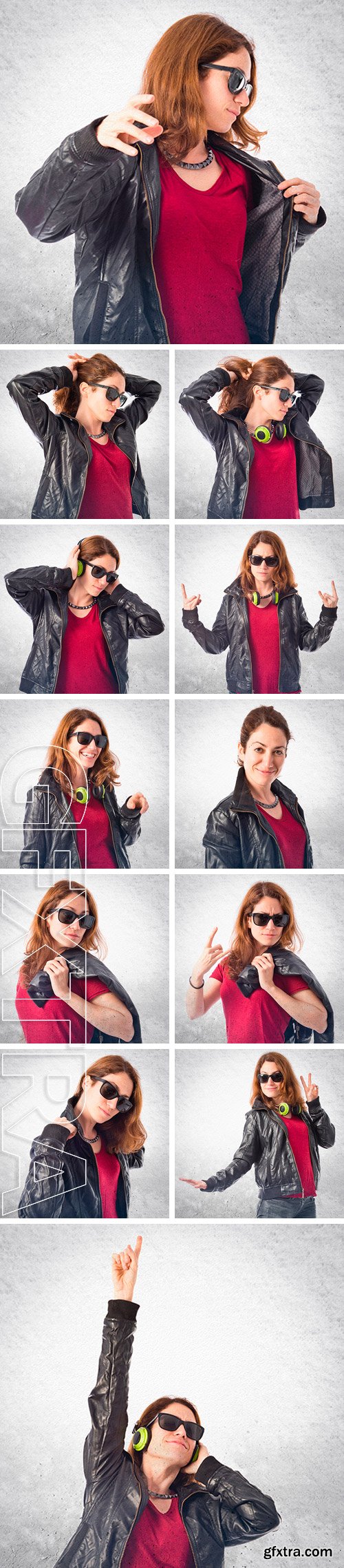 Stock Photos - Woman with leather jacket over grey background