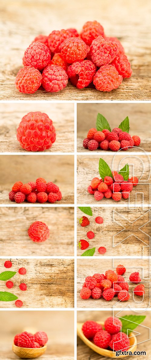 Stock Photos - Ripe raspberry in a spoon with mint leaves on wooden background