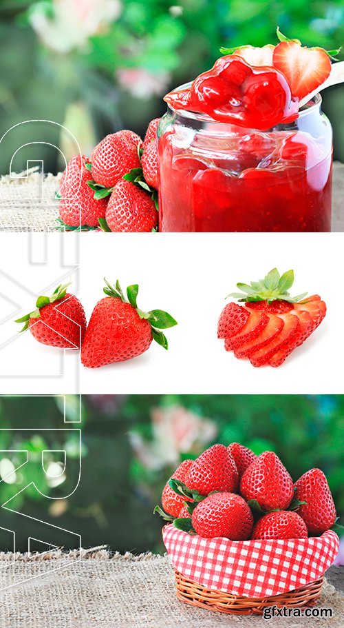 Stock Photos - Strawberry jam on sackcloth and fresh strawberry