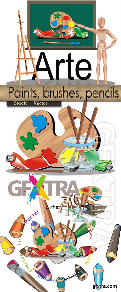 Paints, brushes, pencils, a palette in Vector