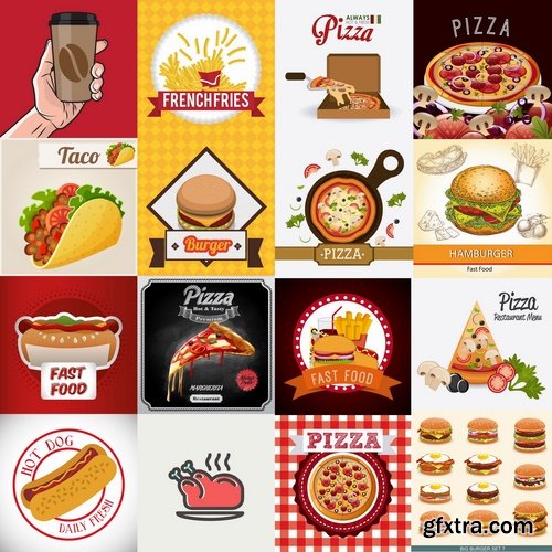 Collection of vector image of fast food hamburger sandwich grilled meat pizza 25 Eps