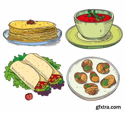 Collection of vector image of fast food hamburger sandwich grilled meat pizza 25 Eps