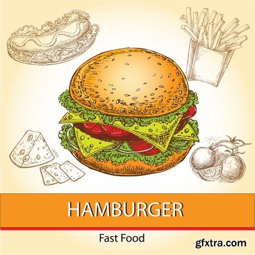 Collection of vector image of fast food hamburger sandwich grilled meat pizza 25 Eps