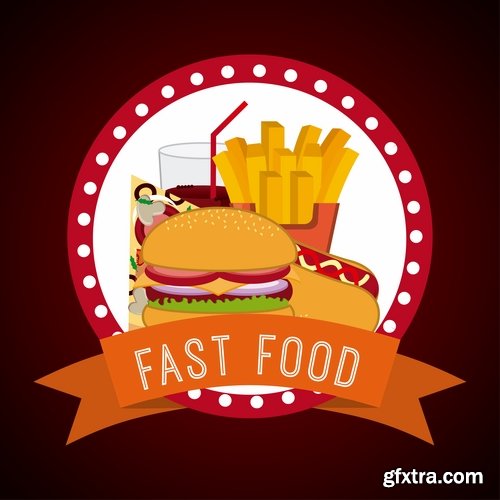 Collection of vector image of fast food hamburger sandwich grilled meat pizza 25 Eps