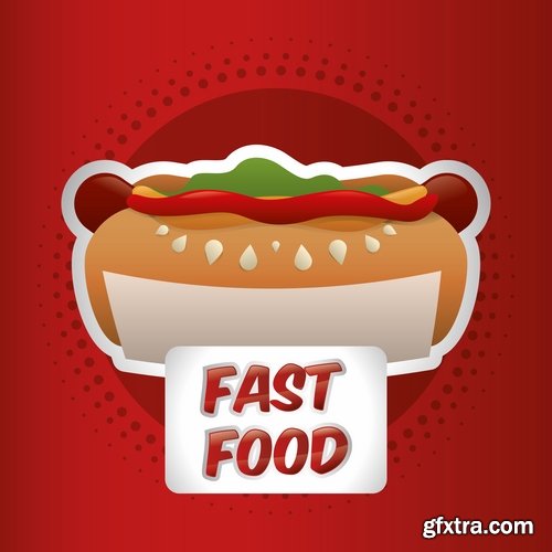 Collection of vector image of fast food hamburger sandwich grilled meat pizza 25 Eps