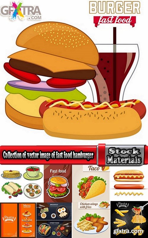 Collection of vector image of fast food hamburger sandwich grilled meat pizza 25 Eps