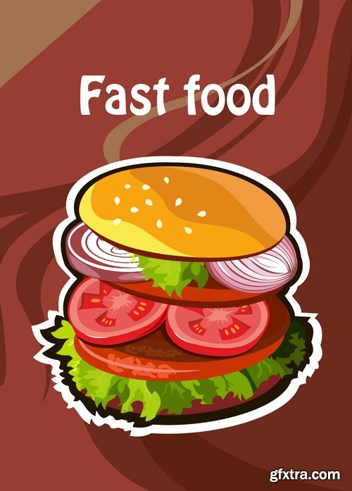 Collection of vector image of fast food hamburger sandwich grilled meat pizza 25 Eps