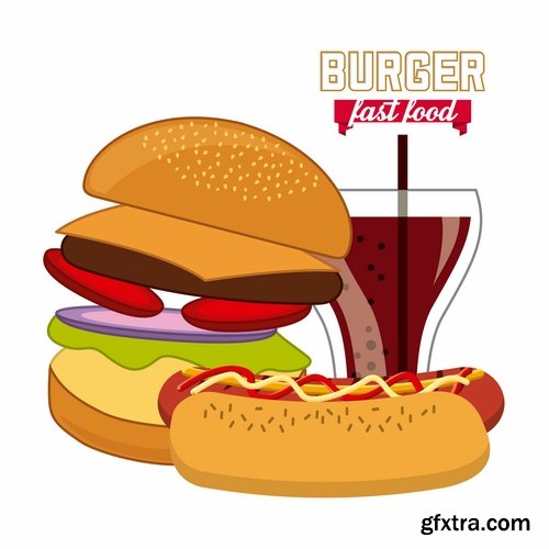 Collection of vector image of fast food hamburger sandwich grilled meat pizza 25 Eps