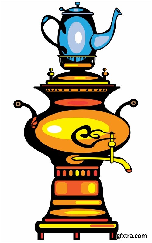 Collection of vector image ethnic object samovar tea cooking Russia 25 Eps