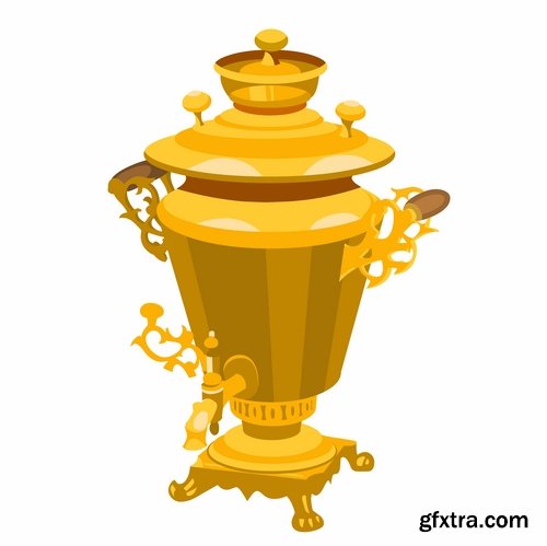 Collection of vector image ethnic object samovar tea cooking Russia 25 Eps
