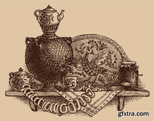 Collection of vector image ethnic object samovar tea cooking Russia 25 Eps