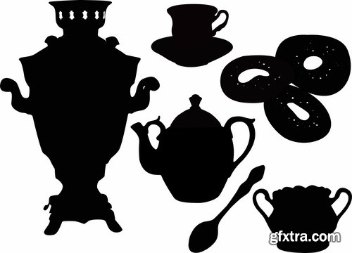 Collection of vector image ethnic object samovar tea cooking Russia 25 Eps