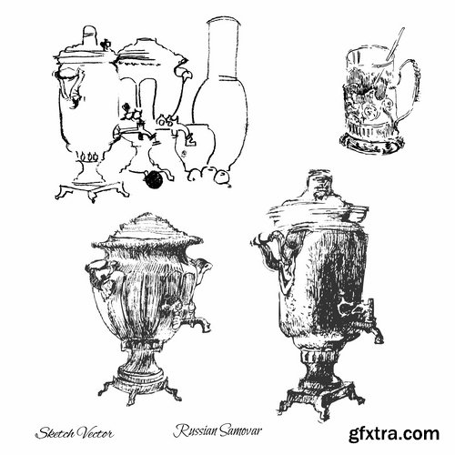 Collection of vector image ethnic object samovar tea cooking Russia 25 Eps