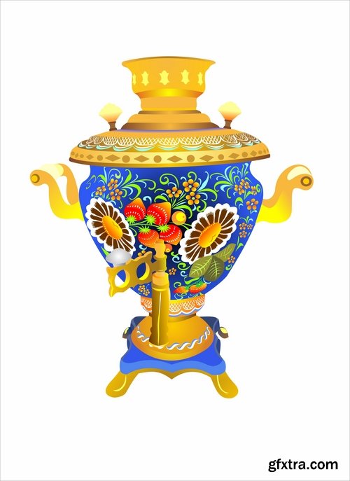 Collection of vector image ethnic object samovar tea cooking Russia 25 Eps