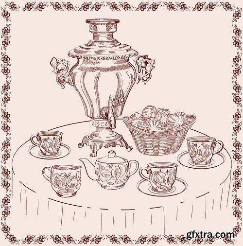 Collection of vector image ethnic object samovar tea cooking Russia 25 Eps