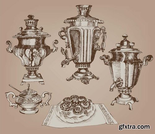 Collection of vector image ethnic object samovar tea cooking Russia 25 Eps