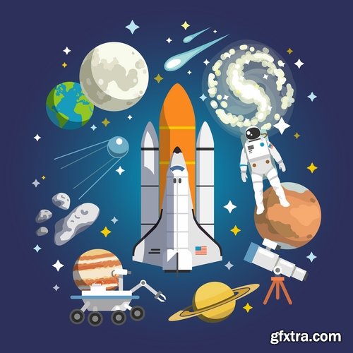 Collection of vector image icon astronaut moon planet rocket spaceship star sun 25 Eps