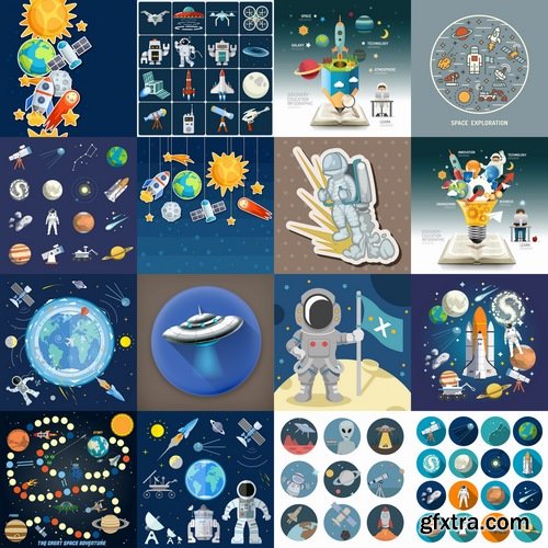 Collection of vector image icon astronaut moon planet rocket spaceship star sun 25 Eps